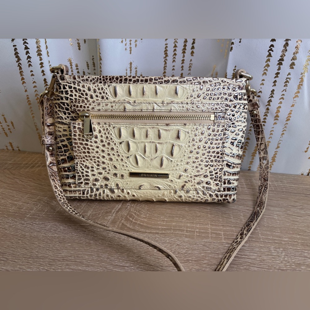 Brahmin Cream and Brown Crossbody Bag with Crocodile Embossed Texture